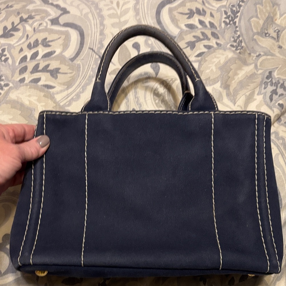 Prada Dark Canapa Tote Blue Canvas Handbag- Crossbody - Picture 3 of 4